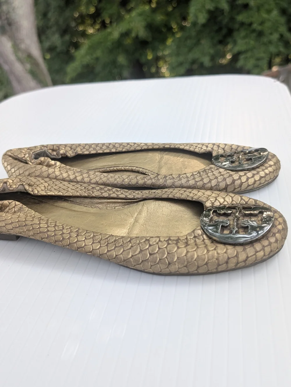Tory Burch Reva Metallic Bronze Snake-Embossed Ballet Flats with Logo